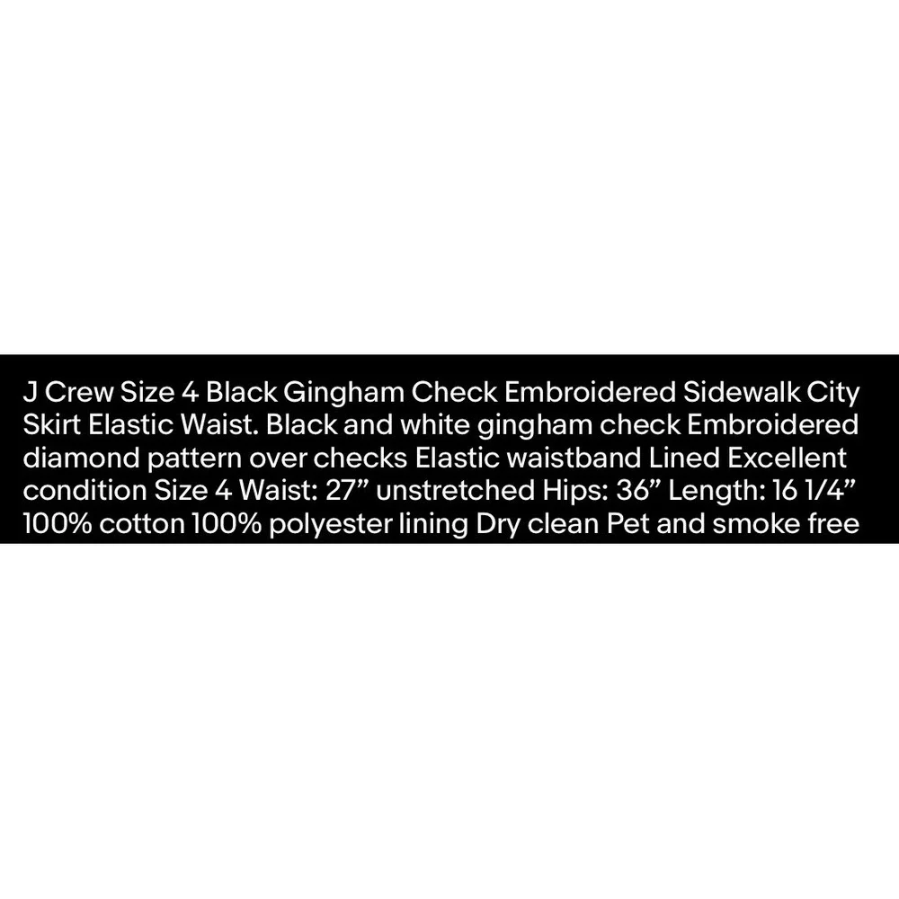 J.Crew Black White‎ Gingham Embroidered Sidewalk City Skirt Elastic Waist Size 4